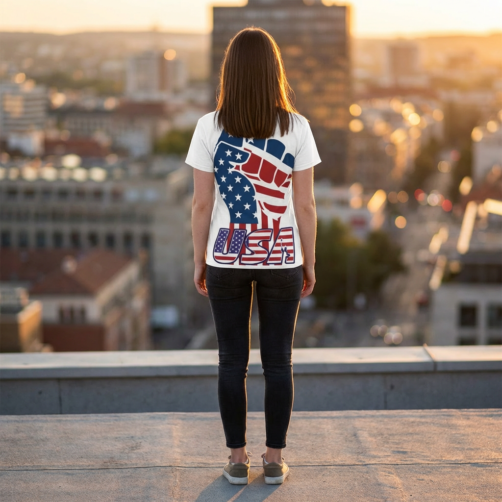 American Lettering Tee — Front Logo & Flag Fist Back - Unisex
